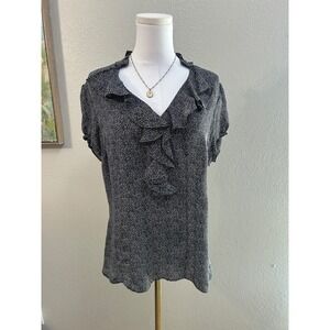 White House Black Market Silk Polka Dot Ruffle V-Neck Blouse Black White Size 12